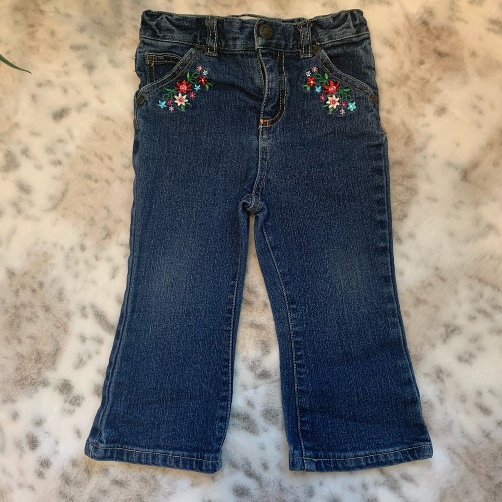 Wonderkids Embroidered Flowers Jeans Sparkly Denim Adjustable and Elastic Waist
